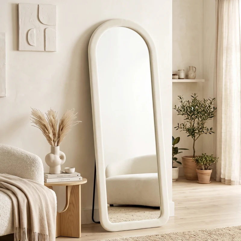HOMCOM Ganzkörperspiegel 160 x 60 cm, Bogen, Stand- oder Wandspiegel, Flanellrahmen, Creme