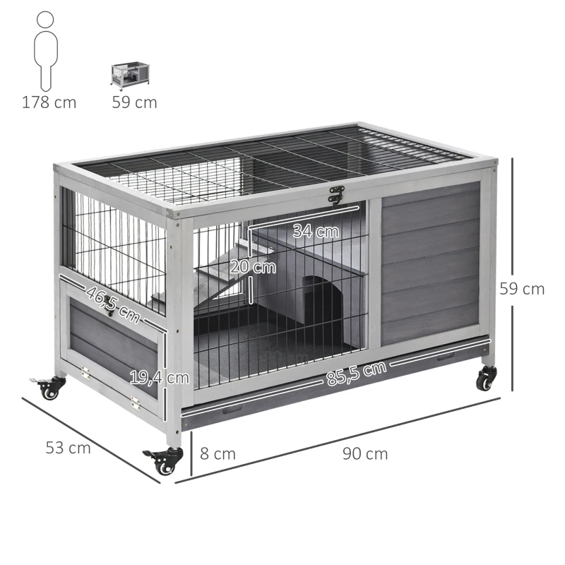 PawHut Kooi voor kleine dieren met Wielen Kooi voor kleine dieren Caviahok Cavia Kooi Kooi voor kleine dieren Dennenhout Grijs 90 x 53 x 59 cm