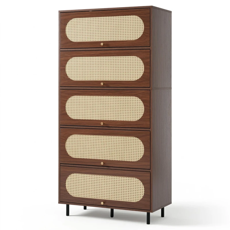 Aparador com 5 portas basculantes, muito espaço de arrumação e frente em rattan, 80x40x163 cm, Cor natural