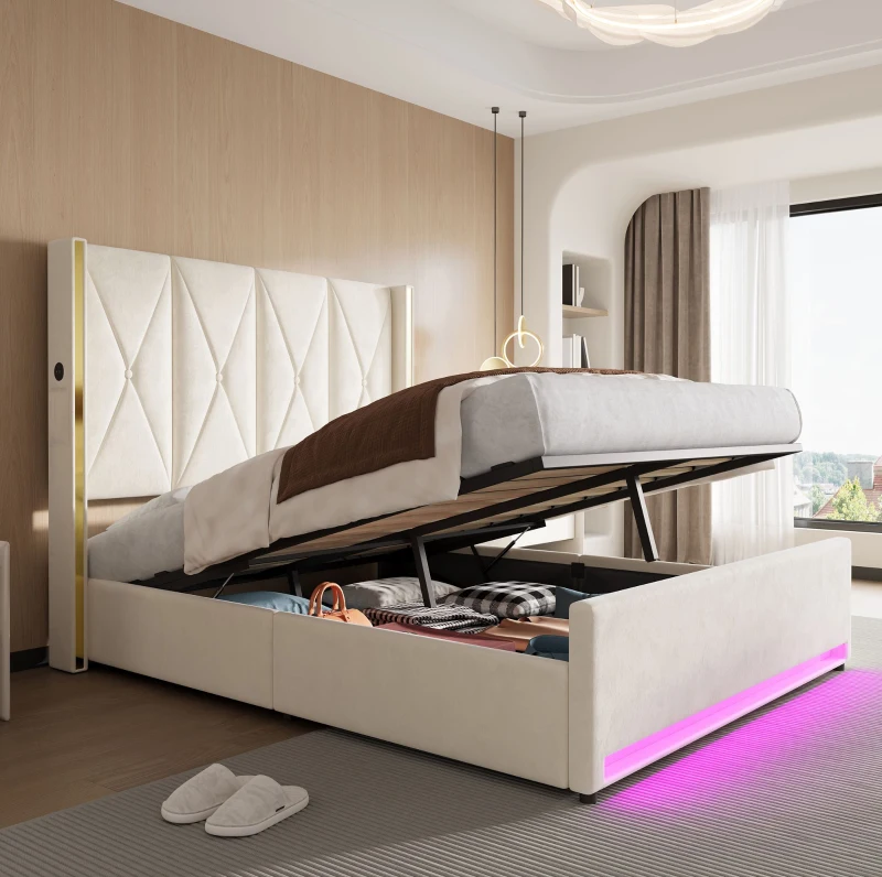 Cama de terciopelo con cabecero acolchado y capitoné, prácticos bolsillos laterales, para colchón 160L x 200AN cm, 170x213x141 cm, Beige