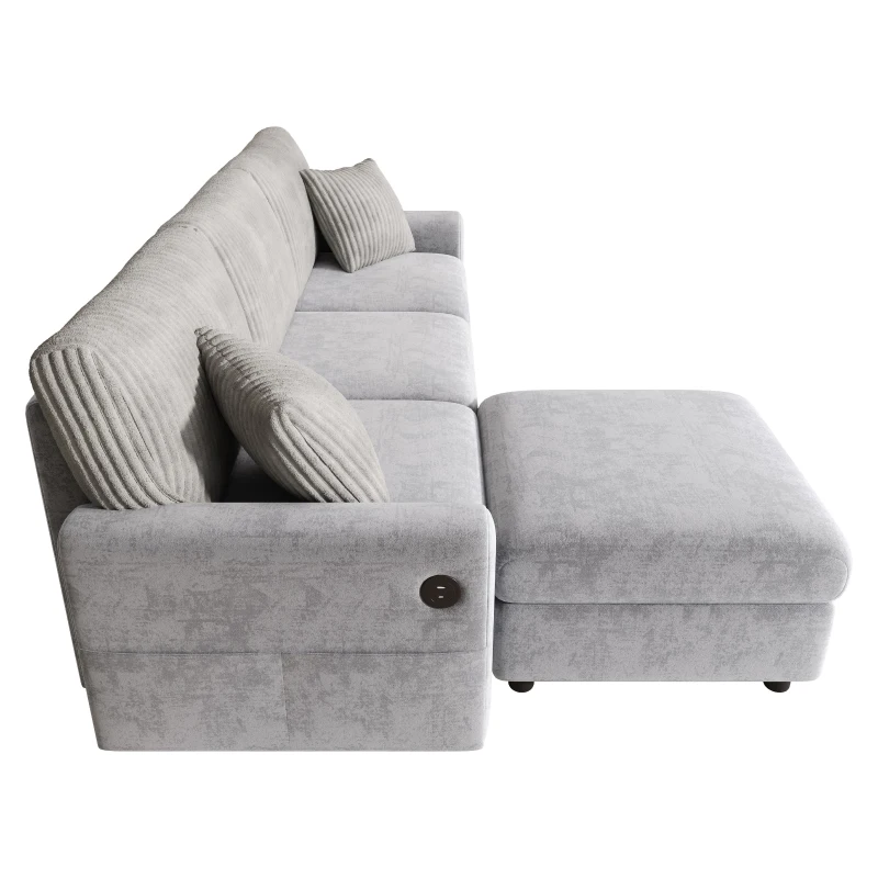 Divano moderno con pouf poggiapiedi, ricarica laterale doppia e 2 cuscini quadrati, 223x146x84 cm, Grigio