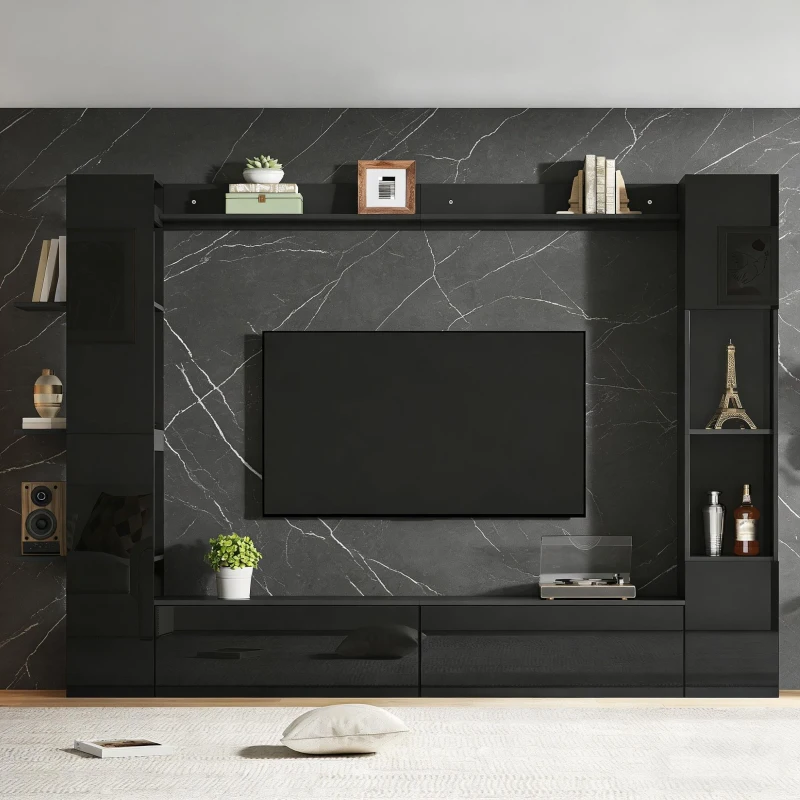 Mueble de salón compacto de 4 piezas, mueble de TV integrado con vitrina y estanterías abiertas, gran capacidad de almacenaje, 245x30x170 cm, Negro