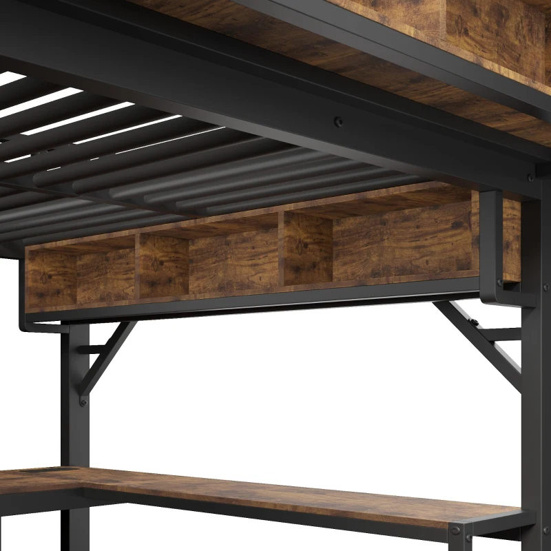 Cama alta 140x200 cm estilo vintage com secretária de canto, muito espaço de arrumação e chapa metálica‑perfurada, régua de tomadas integrada, 255x164x182 cm, Castanho+Preto