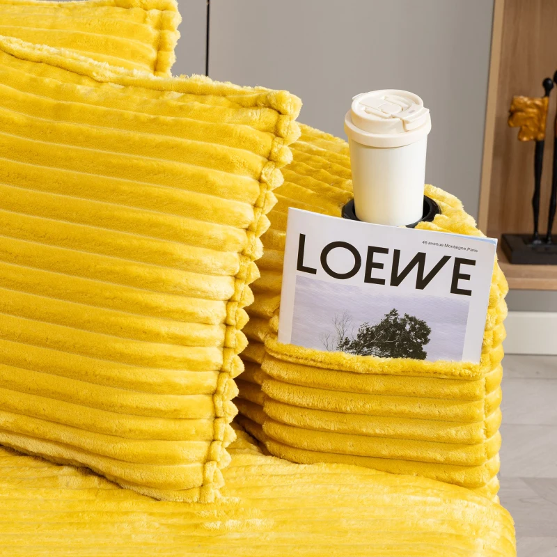 Bogesofa imbottito con portabicchieri su entrambi i lati, cuscini e tasca laterale, 250x152x82 cm, Giallo