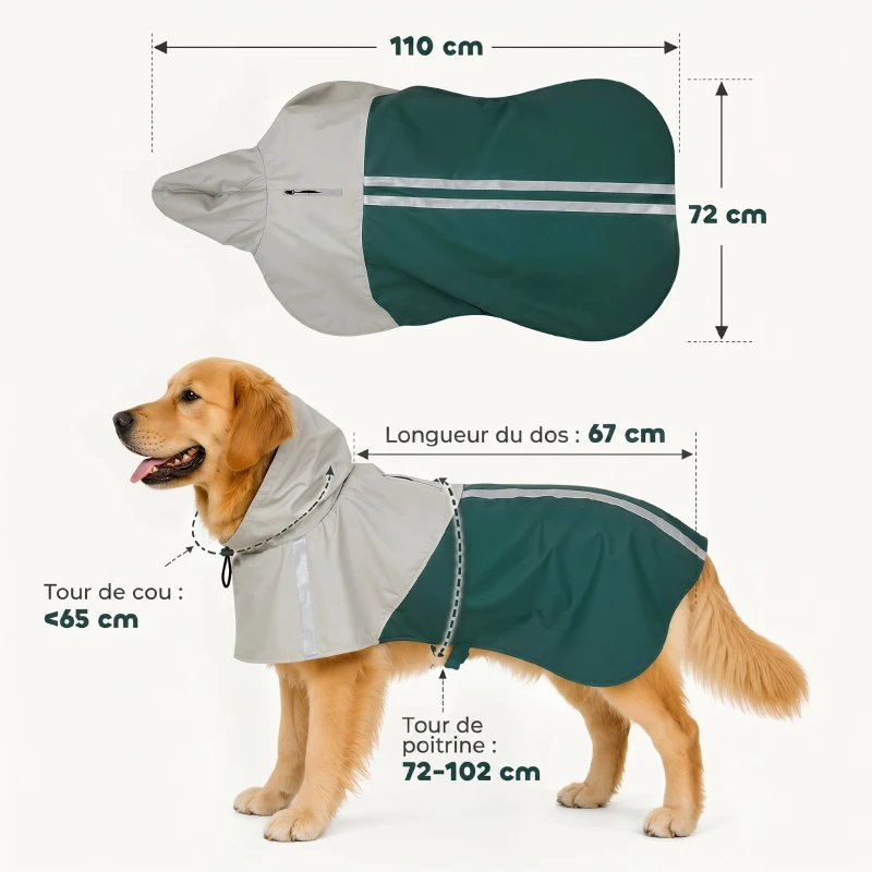 PawHut Imperméable pour Chien avec Capuche, Bandes Réfléchissantes, Ouverture pour Laisse, 110x72x0,5cm, Vert