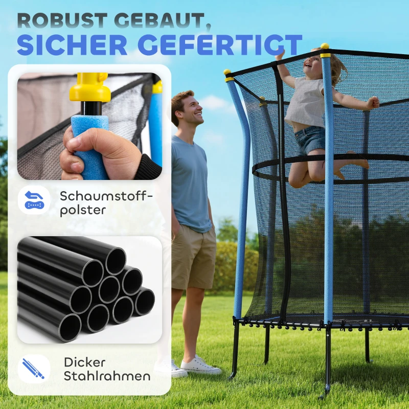 HOMCOM Trampolin für Kinder, 122 x 111 cm, mit Sicherheitsnetz, gepolstert, Stahl, belastbar bis 50 kg, Schwarz & Blau
