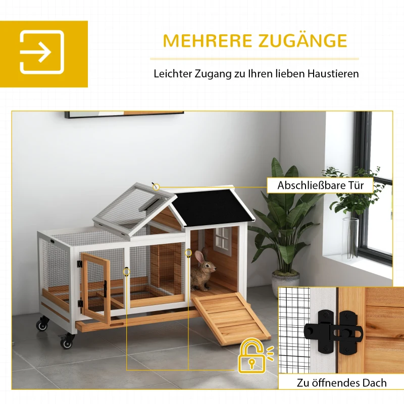 PawHut Konijnenhok voor Dwergkonijnen, Cavia's, met Wielen, 108 x 58 x 73,5 cm, Geel(m-5)