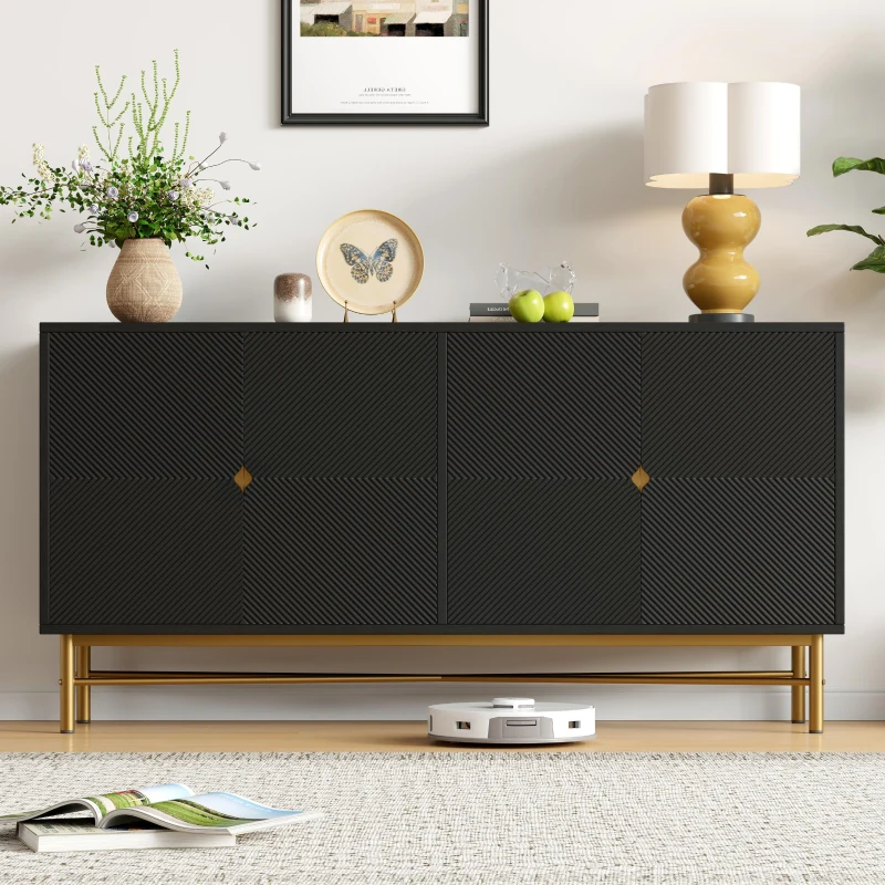 Credenza buffet a 4 ante per soggiorno e cucina con pannelli scanalati, 160x40x82 cm, Nero