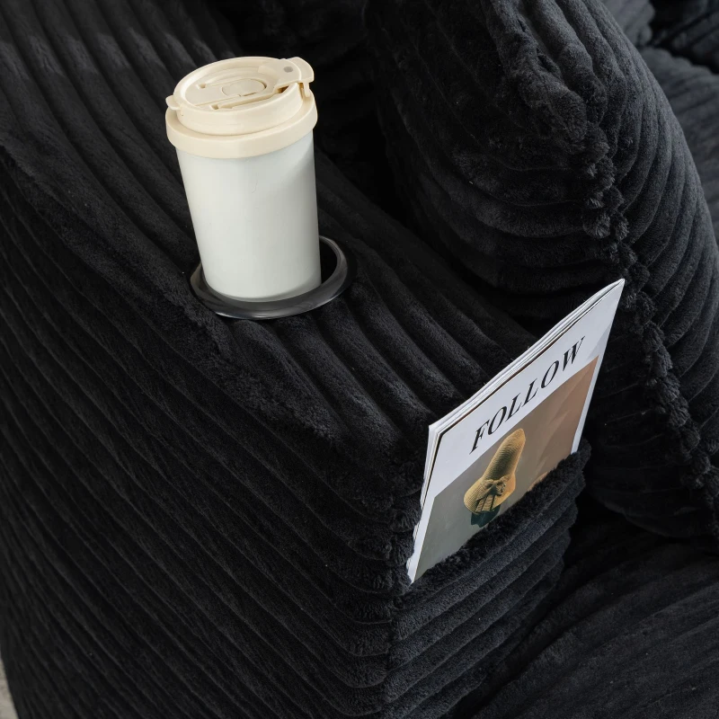 Bogesofa em veludo cotelê, com porta-copos em ambos os lados e bolso lateral, inclui almofadas, 250x152x82 cm, Preto