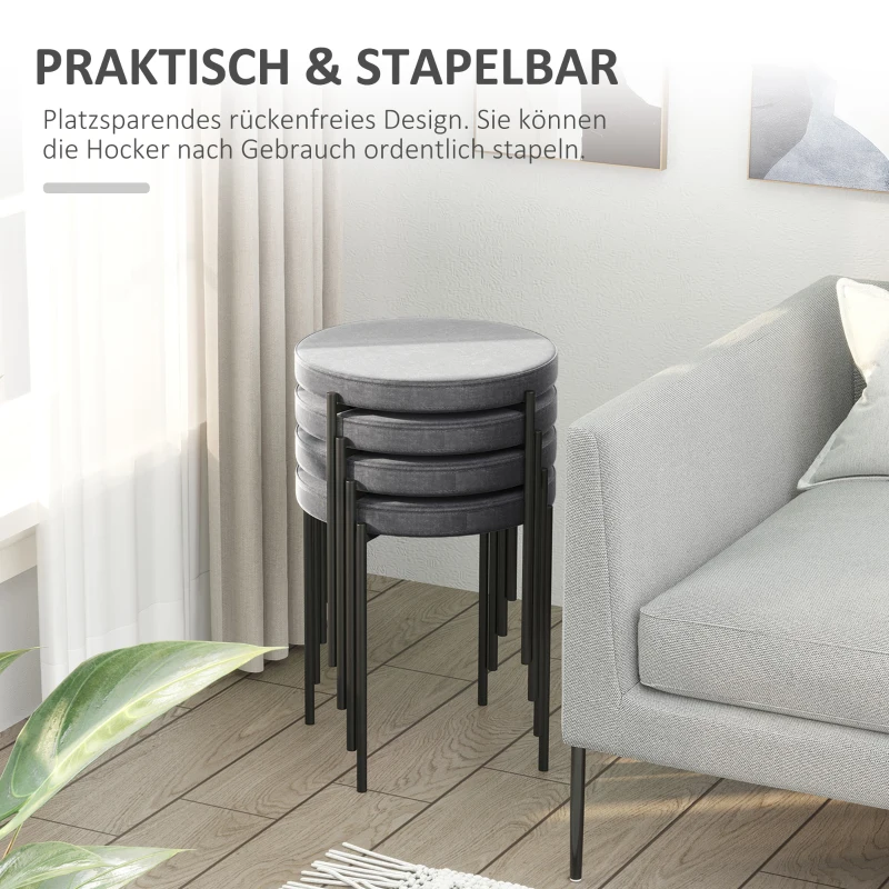 HOMCOM set van 4 eetkamer krukken stapelbaar kruk keuken kruk barkruk fluwelen touch moderne keuken eetkamer polyester staal grijs 41,5 x 41,5 x 46 cm