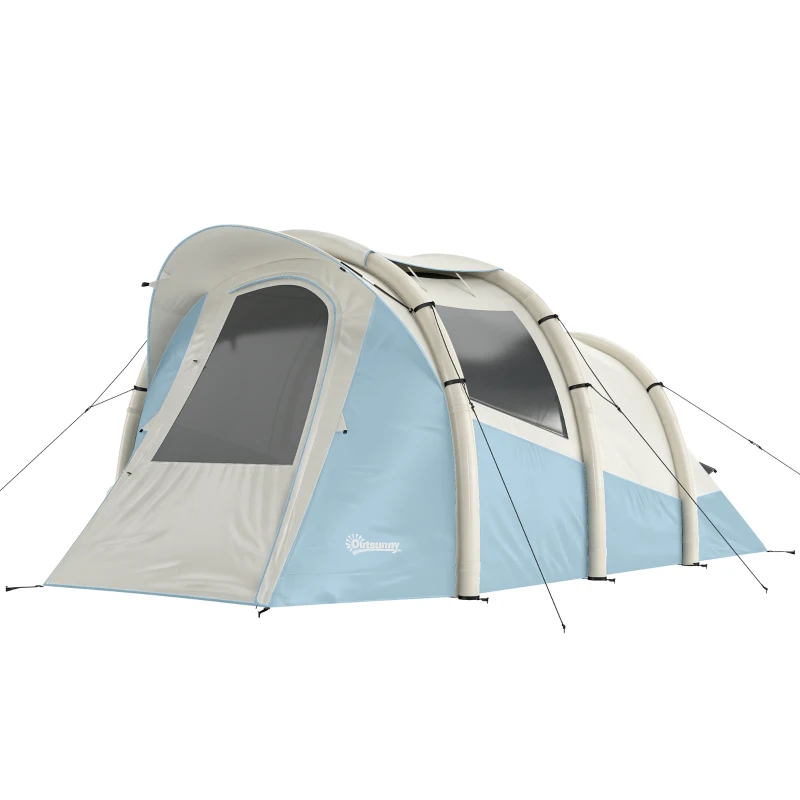 Outsunny Inflatable Camping Tent w/ Air Pump, Easy Setup 2-3 Person Blow Up Tent, Light Blue