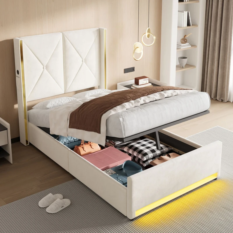 Letto singolo in velluto con testiera imbottita e trapuntata e tasche laterali, 100x213x141 cm, Beige