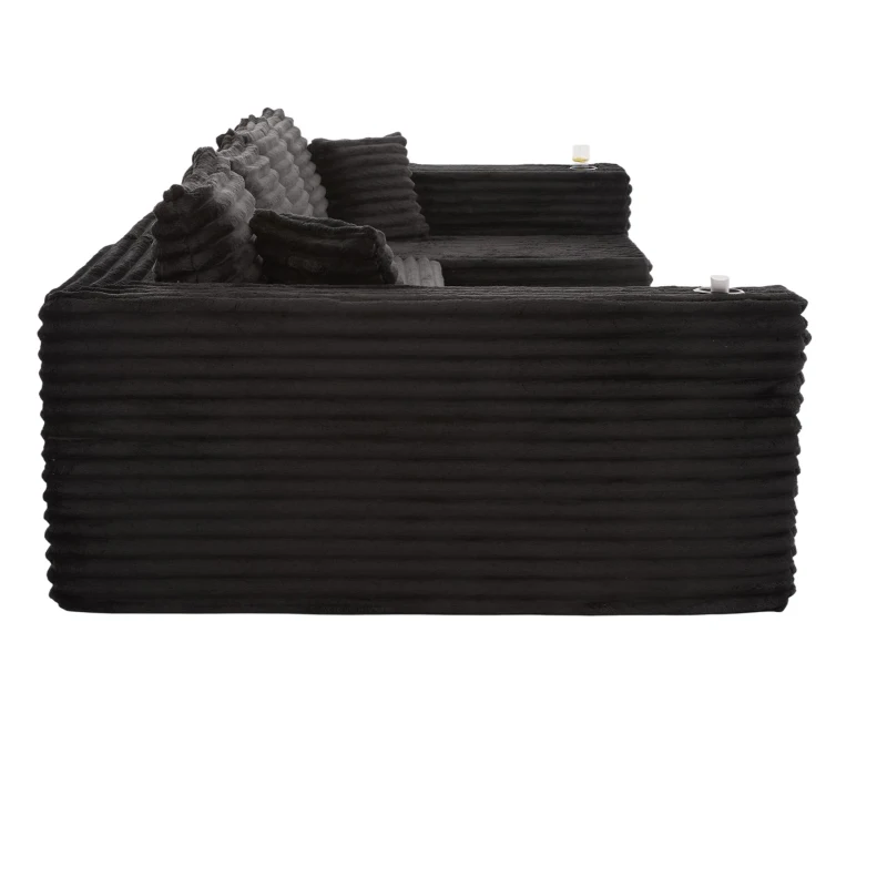 Sofá em U de veludo cotelê, com porta-copos integrado e bolso lateral, estofamento com molas, 320x155x88 cm, Preto