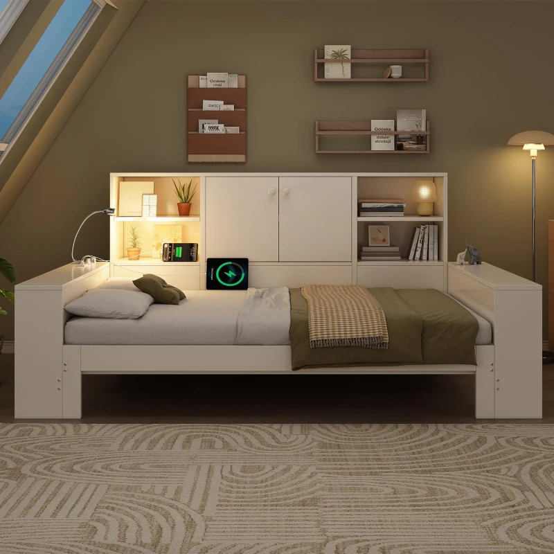Cama com arrumação 90x200 cm, cama de hóspedes extensível 180x200 cm, 3 prateleiras reguláveis em altura, 237x133x100 cm, Branco