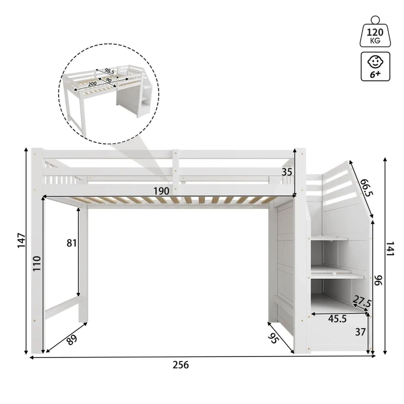Cama alta 90x200cm con somier de lamas, barandilla de seguridad perimetral con espacio de almacenamiento integrado, sin colchón, 256x98,5x147 cm, Blanco
