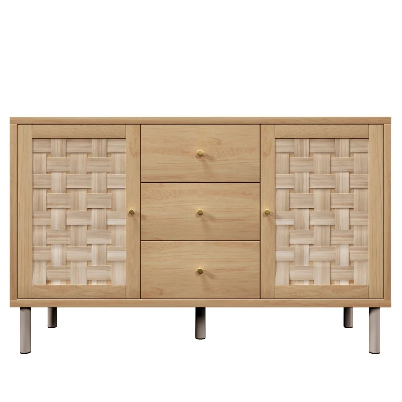 Commode de style maison de campagne avec 2 portes, 3 tiroirs et tablettes réglables en hauteur, 120x40x70 cm, Couleur naturelle