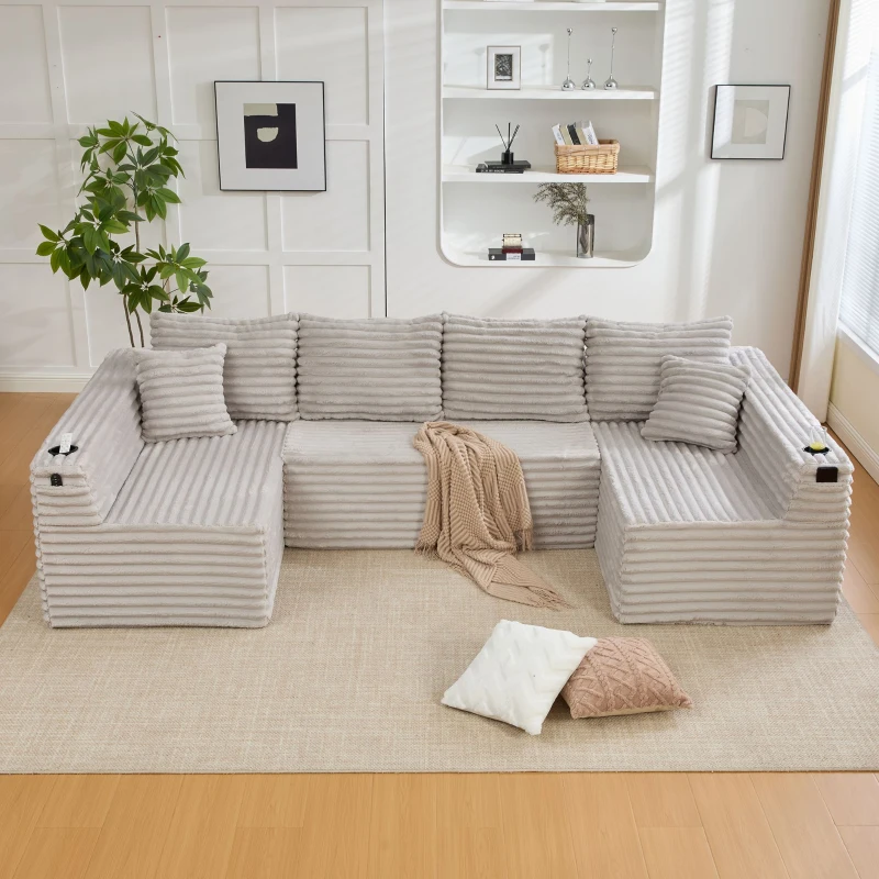 Sofá em U de veludo cotelê, com porta-copos integrado e bolso lateral, estofamento com molas, 320x155x88 cm, Cinzento claro
