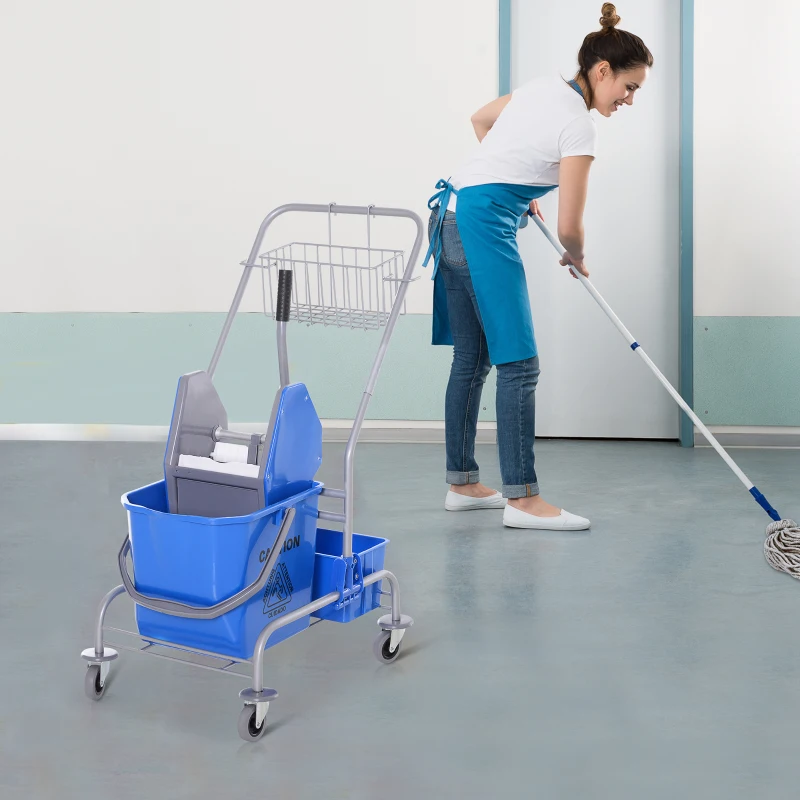 HOMCOM Schoonmaakwagen, Mopwagen, 25L Capaciteit, 4 Wielen, Kunststof, Blauw