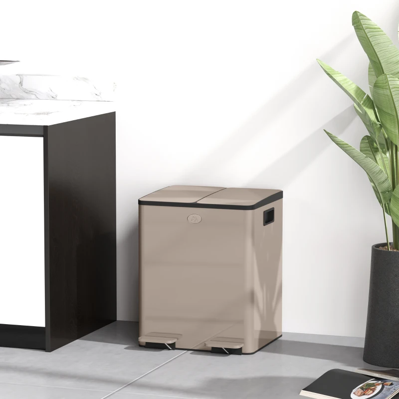 HOMCOM Poubelle de cuisine 2 compartiments de 2 x 20L, acier inoxydable, couvercle à fermeture douce, 45,8x36x51,6cm, or