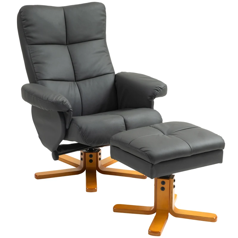 HOMCOM Relaxfauteuil met kruk, rugleuning kantelbaar tot 145°, 360° draaibaar, kunstleer, donkergrijs