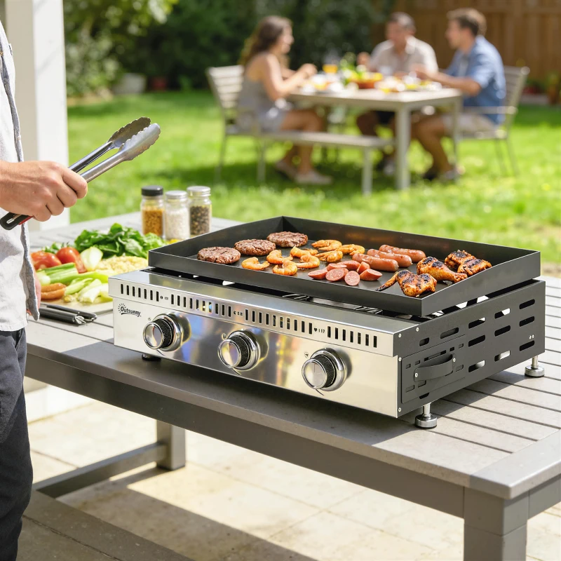 Outsunny Plancha gaz 9 kW 3 brûleurs en acier inoxydable, surface cuisson 56,5 x 33 cm, bac de récupération des graisses, noir