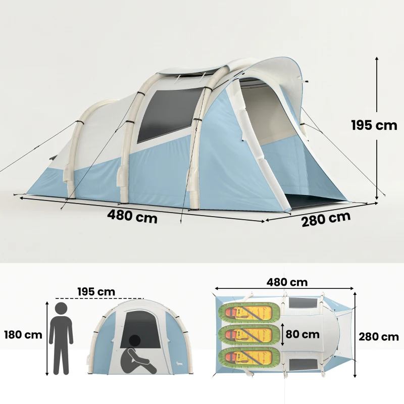 Outsunny Inflatable Camping Tent w/ Air Pump, Easy Setup 2-3 Person Blow Up Tent, Light Blue