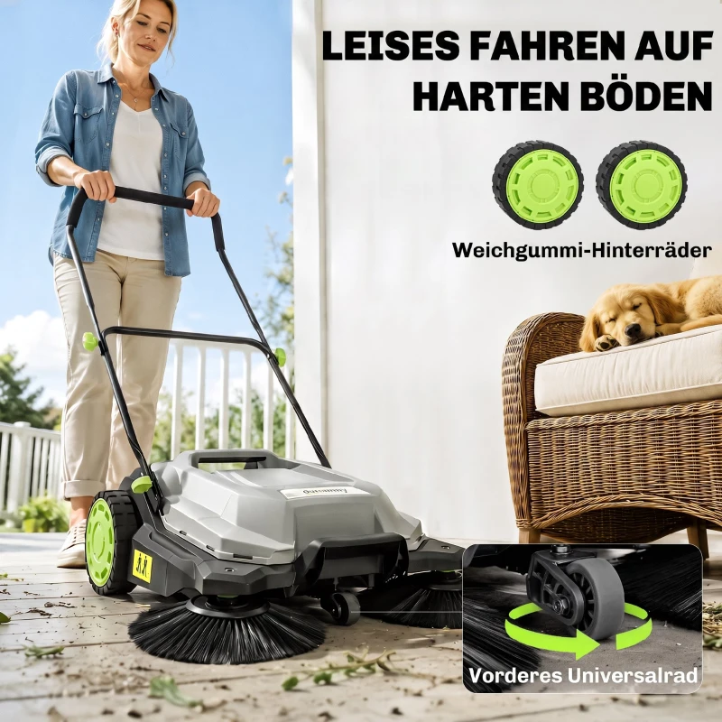 Outsunny ehrmaschine manuell mit 68 cm Kehrbreite, 24 L Schmutzbehälter, Höhenverstellbar klappbar Griff 3-Bürsten-Kehrsystem