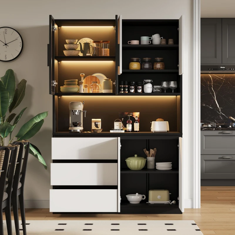 Dispensa Cucina con luce LED regolabile e vano per microonde, 120,5x40x180 cm, Nero