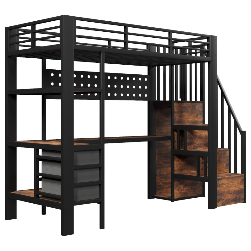 Cama alta 90×200 cm, prateleiras, escada com arrumação, sem colchão, 251x96x170 cm, Preto