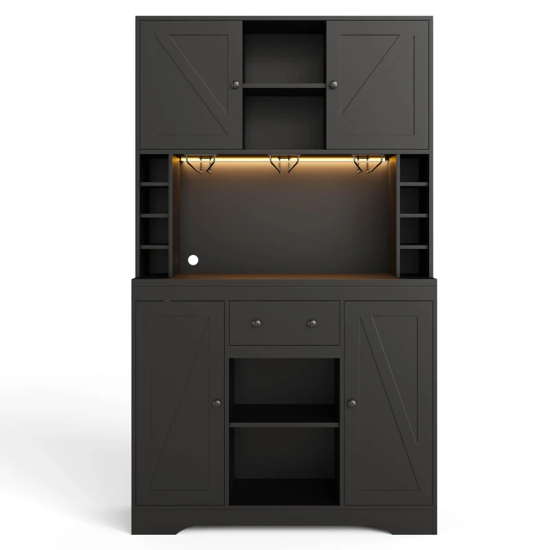 Dispensa da cucina con piano multiuso, ripiani regolabili, ganci in acciaio inox e cantinetta vini, 105x40x180 cm, Nero