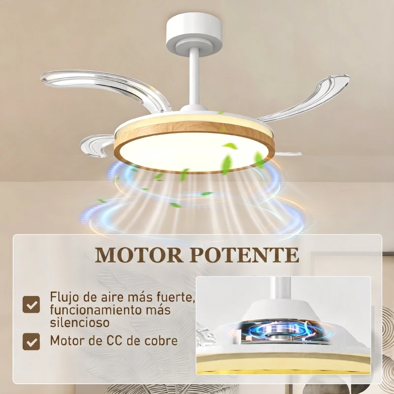 HOMCOM Ventilador de Techo con Luz LED 80 W Motor DC Reversible Mando a Distancia 6 Velocidades Temporizador Ø95 cm Natural