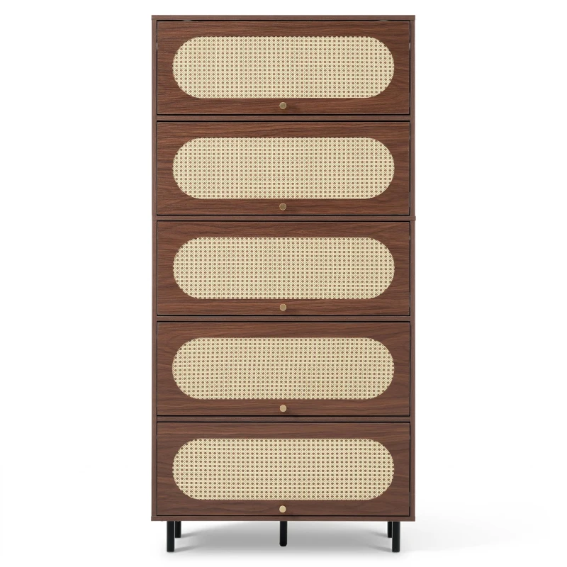 Buffet avec 5 portes abattantes, grand espace de rangement et façade en rotin, 80x40x163 cm, Couleur naturelle
