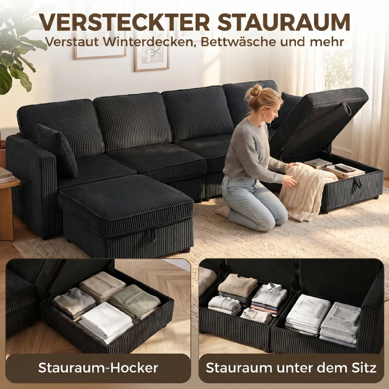 HOMCOM Ecksofa 4-Sitzer U-Form Sofa mit Stauraum-Ottomane, 306 cm Eckcouch mit Cord-Optik, 4 Kissen, für Wohnzimmer