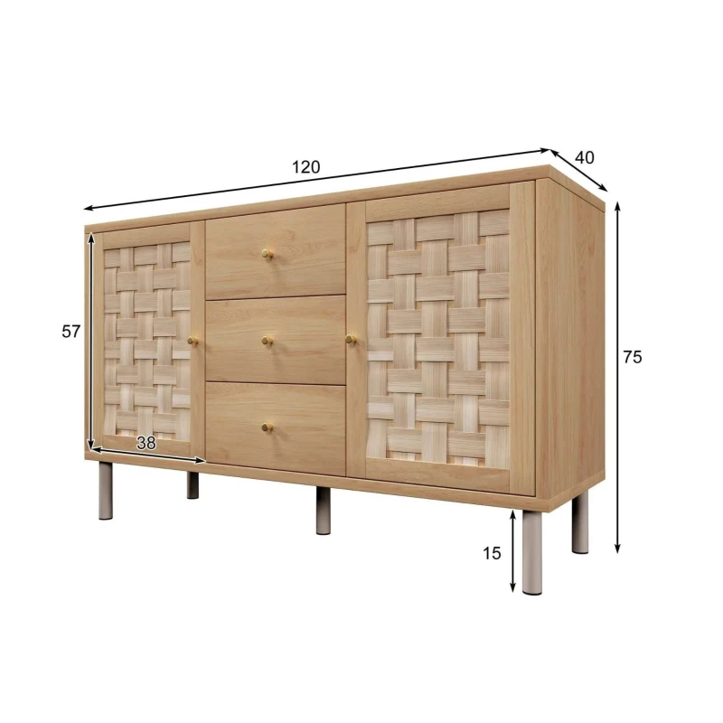 Cómoda de estilo rústico con 2 puertas, 3 cajones y baldas regulables en altura, 120x40x70 cm, Color natural