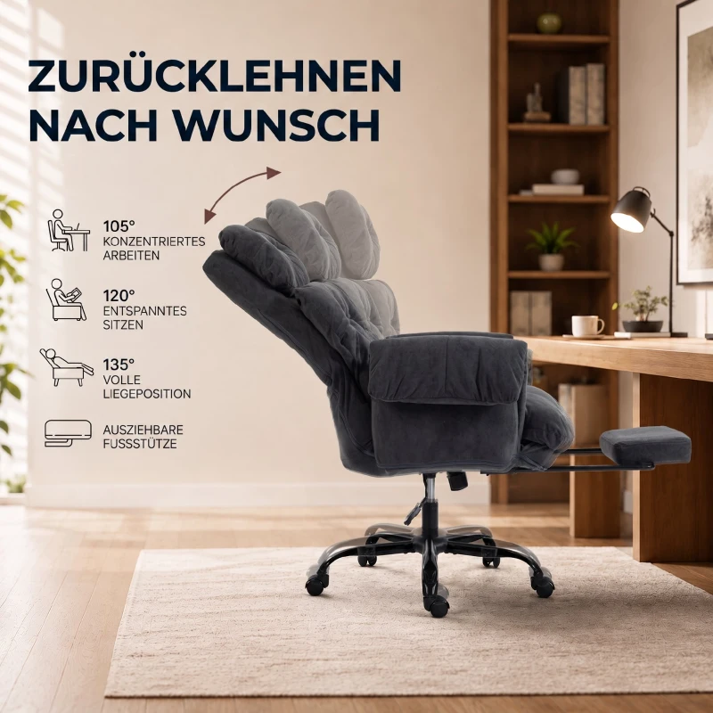 HOMCOM Bürostuhl mit verstellbarer Rückenlehne, rollbarer Polsterstuhl, Polstersessel, höhenverstellbar, Stahl, Dunkelgrau