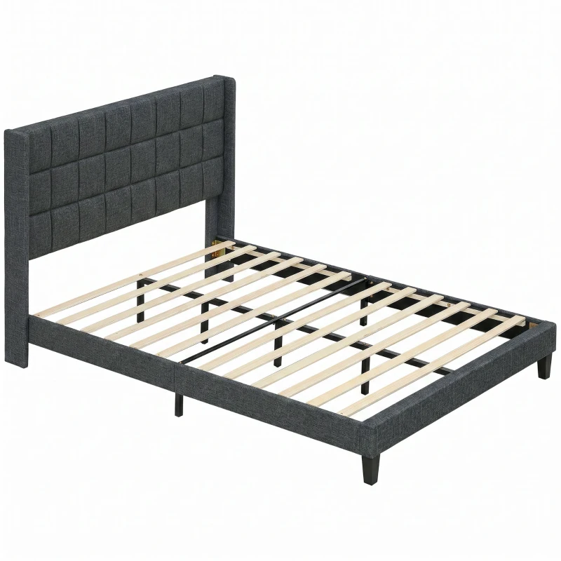 HOMCOM Cama 135x190 cm con Almacenaje Inferior Tapizada y Cabecero Acolchado con Orejas Gris