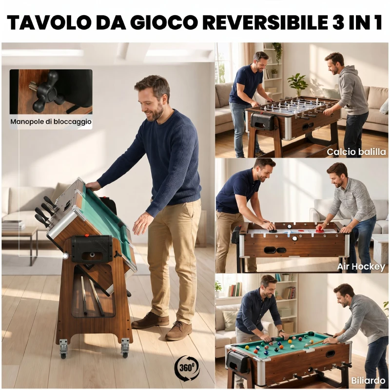SPORTNOW Tavolo 3 In 1: Air Hockey, Biliardo, Calcio Balilla, Ruote Bloccabili, Ripiano