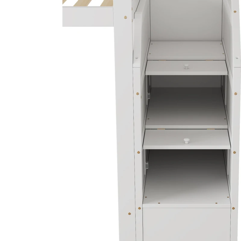 Lit mezzanine 90x200cm avec sommier à lattes, garde-corps de sécurité tout autour avec rangement intégré, sans matelas, 256x98,5x147 cm, Blanc
