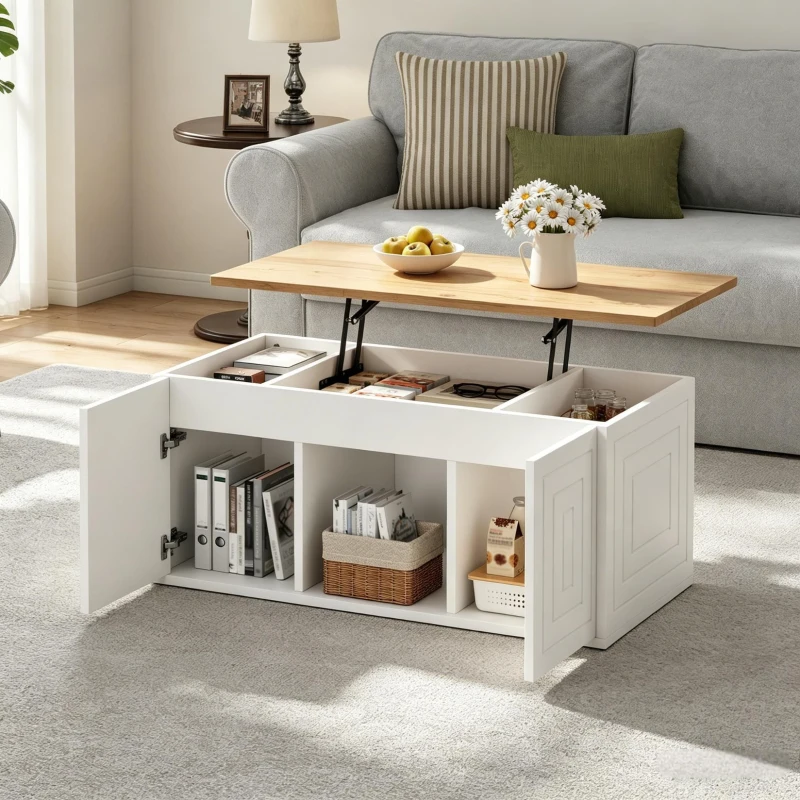 Mesa de centro elevável para sala de estar, duas portas de armário e cantos grandes e arredondados, 46x95x45 cm, Branco
