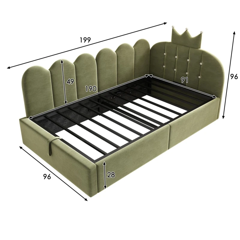 Letto singolo a L imbottito con spazio contenitore inferiore, 199x96x96 cm, Verde