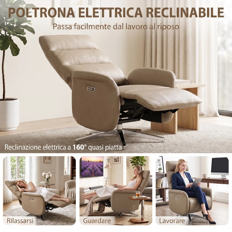 HOMCOM Poltrona Relax Elettrica Reclinabile a 160° Girevole con Poggiapiedi in Pelle PU, Presa USB, Marrone