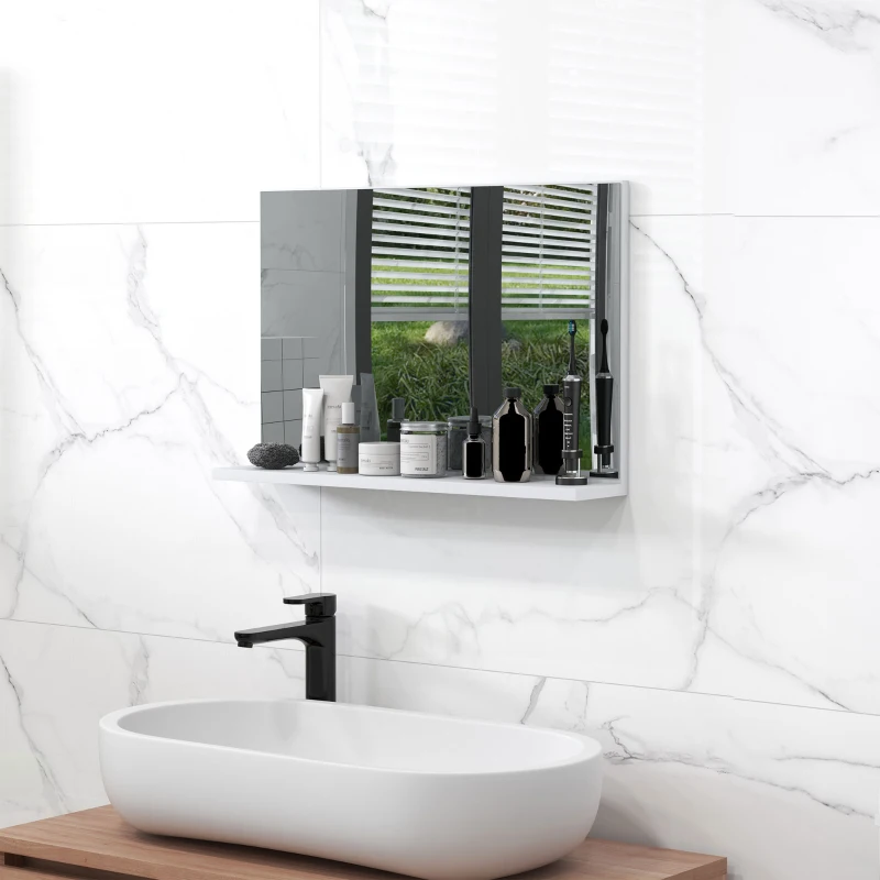 kleankin Oglindă de baie de perete cu raft, design modern și multifuncțional, 60x12x40 cm, alb