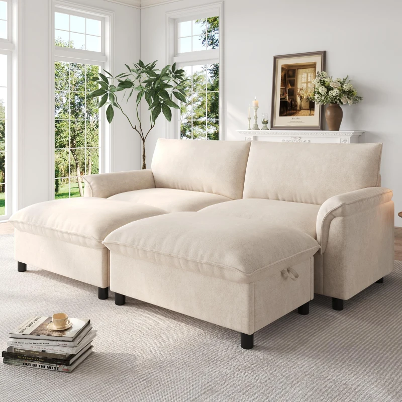 Divano a U con pouf poggiapiedi flessibile e vano portaoggetti nascosto, 216x77x82 cm, Beige