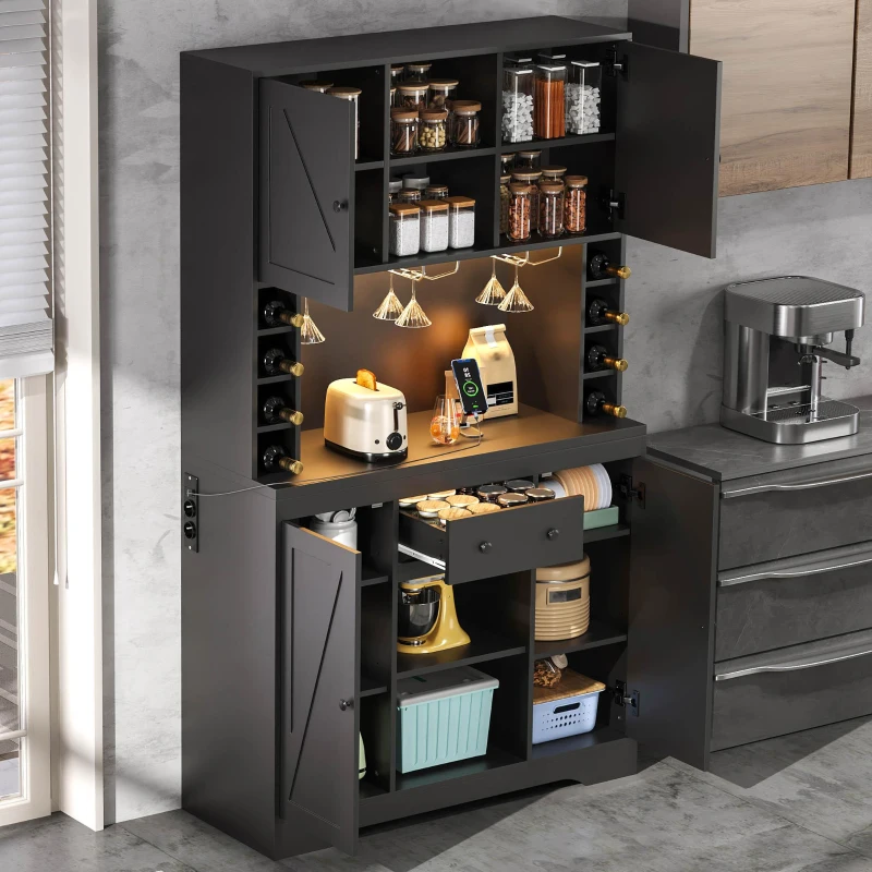 Armario alto de cocina con función de vinoteca, tira LED, baldas regulables, 105x40x180 cm, Negro