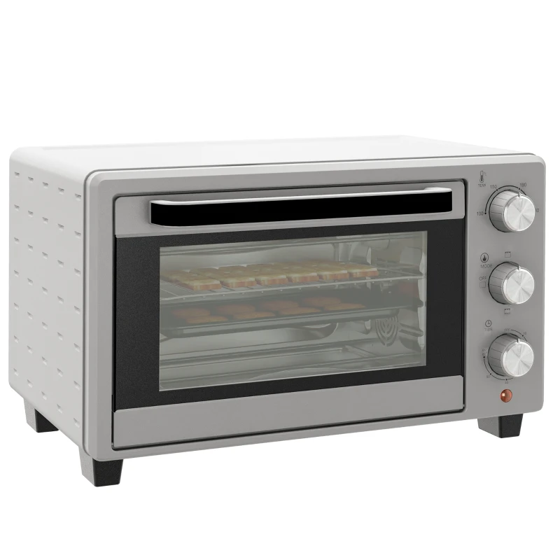 HOMCOM Mini-oven, 21 L broodrooster-oven met 1 draadrek en 1 bakplaat, 3 kookmodi, 100 °C-230 °C, roestvrij staal, glas, Zilver