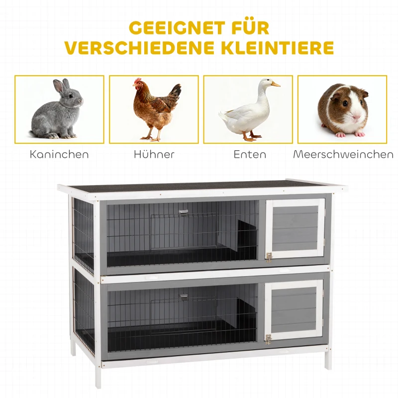 PawHut Kleintierstall für Meerschweinchen und Zwergkaninchen, doppelstöckig, Holz, Grau