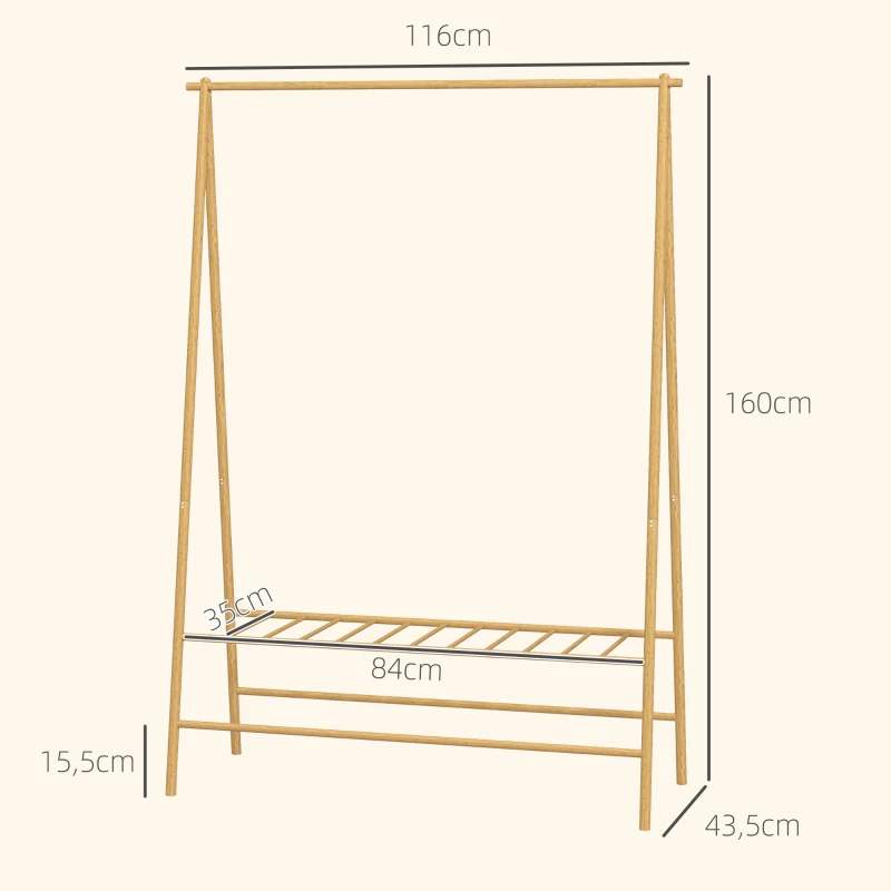 HOMCOM Bamboe Kledingrek met Schoenenrek en Haken, Vrijstaand, voor Entree, Slaapkamer, Natuurlijk Hout