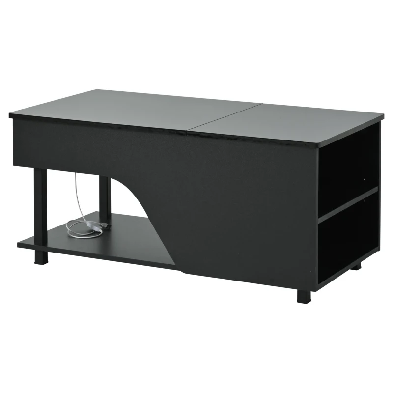 Table basse réglable en hauteur avec rangement caché, compartiments latéraux réglables, 50x100x46 cm, Noir