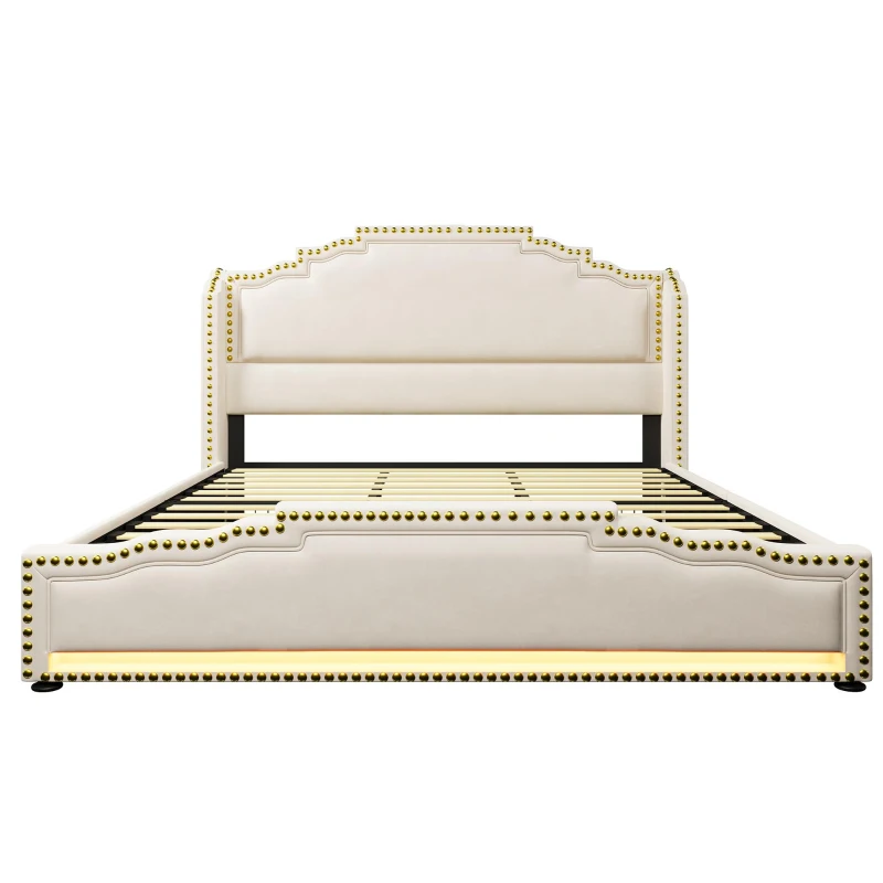 Letto contenitore imbottito con 4 cassetti e illuminazione LED d'atmosfera, 214x189x120 cm, Beige