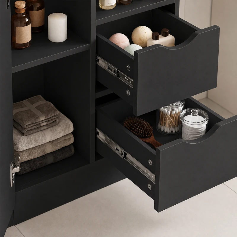 HOMCOM Mueble de Baño Estrecho con Cajones Compartimentos Abiertos Negro